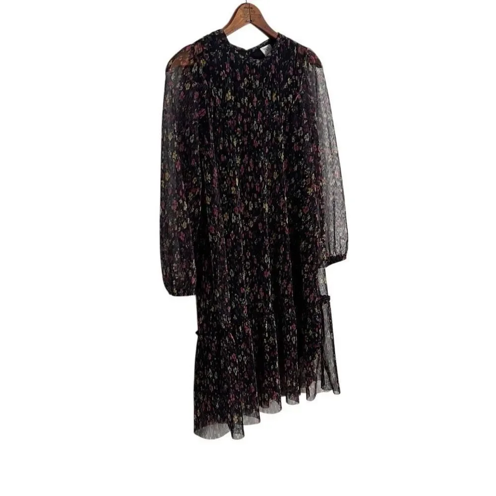 Zara Floral Pleated Sheer Sleeve Keyhole Back Tiered Mini Dress Black Size 11-12